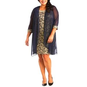 R&M Richards 2 Piece Dress Formal Cocktail Beaded Navy Gold 2 Piece 20W